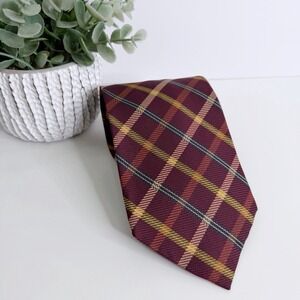 NWOT Jos. A. Bank Silk Necktie Burgundy Gold Plaid 3 7/8" X 60" Workwear‎